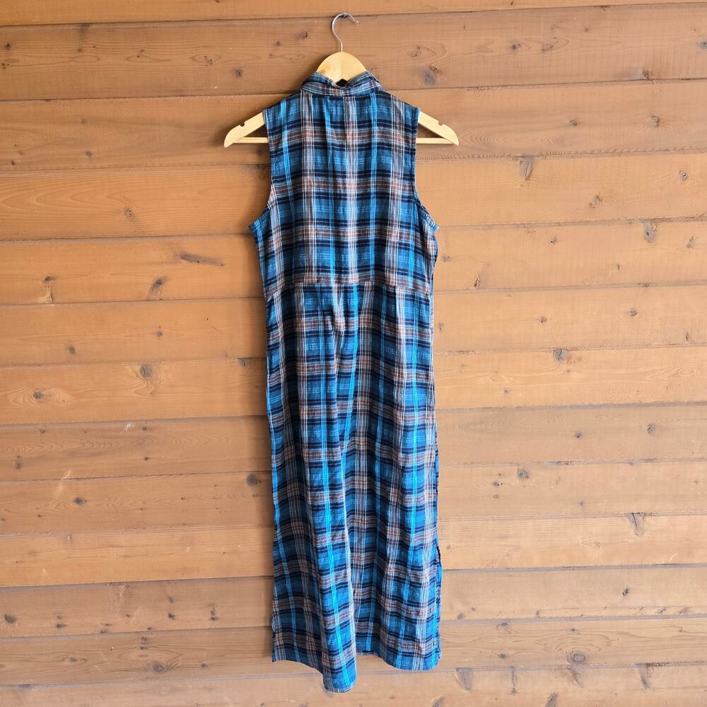 Ably Melody Dress Gauze Tank Top Teal Combo Button Down Small Boho Plaid Cottage - Picture 4 of 6